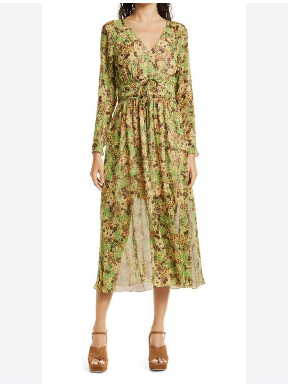 Ted Baker Umah Dress Green Floral V-Neck Long Sleeve Midi Dress US 6 / TB 2